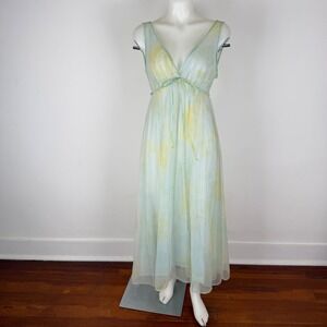 VTG Miss Elaine Sheer Chiffon Mint Green Floral Empire Maxi Nightgown V-Neck